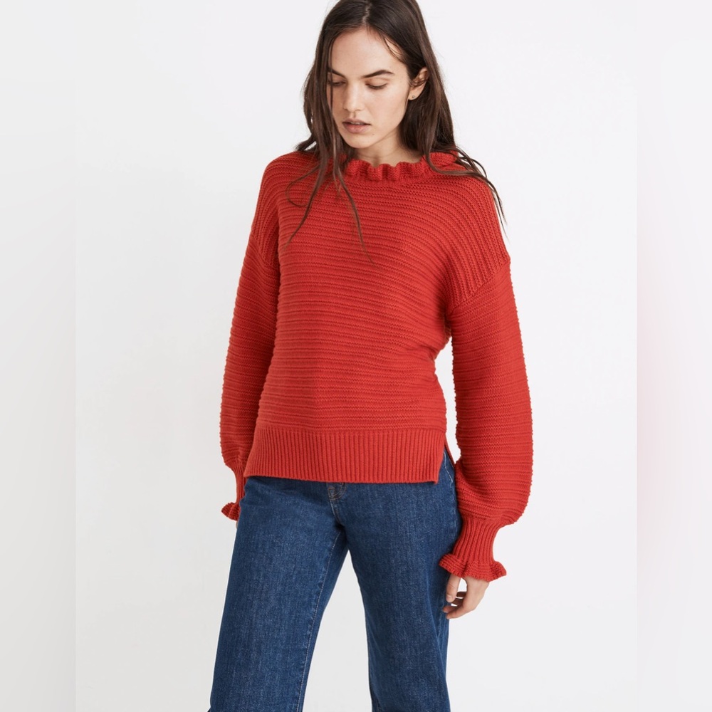 Madewell Red Ruffled Crewneck Sweater